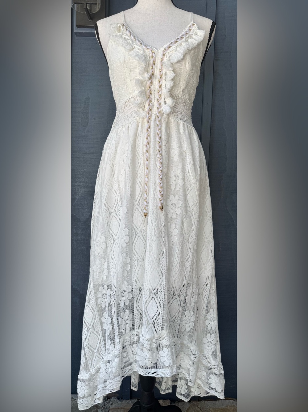 Boho Lace Maxi Dress XS Fairycore High Low Ruffle Cottagecore Festival White